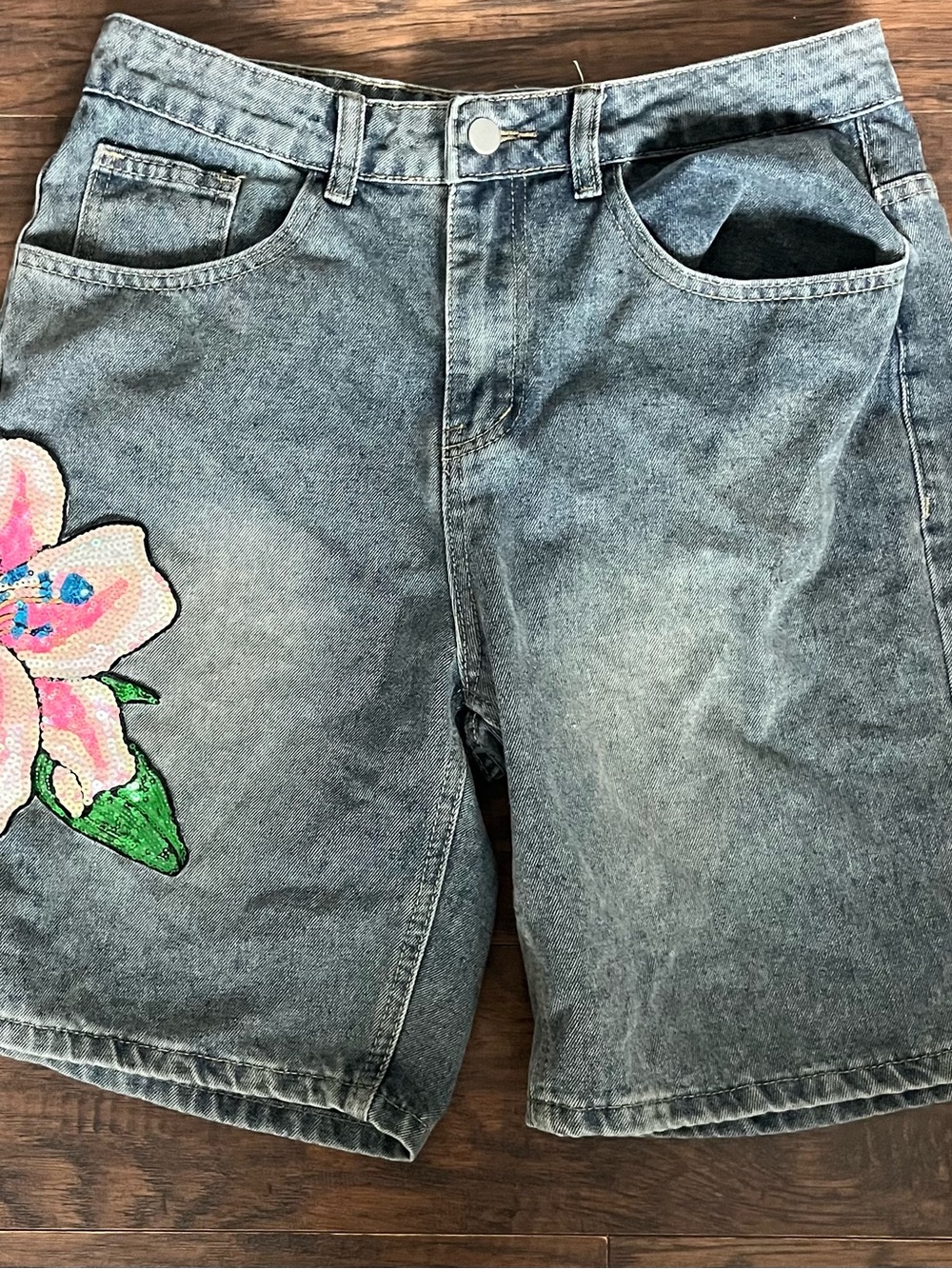 Men's Washed Denim Jean Shorts with Pink Floral Embroidery
